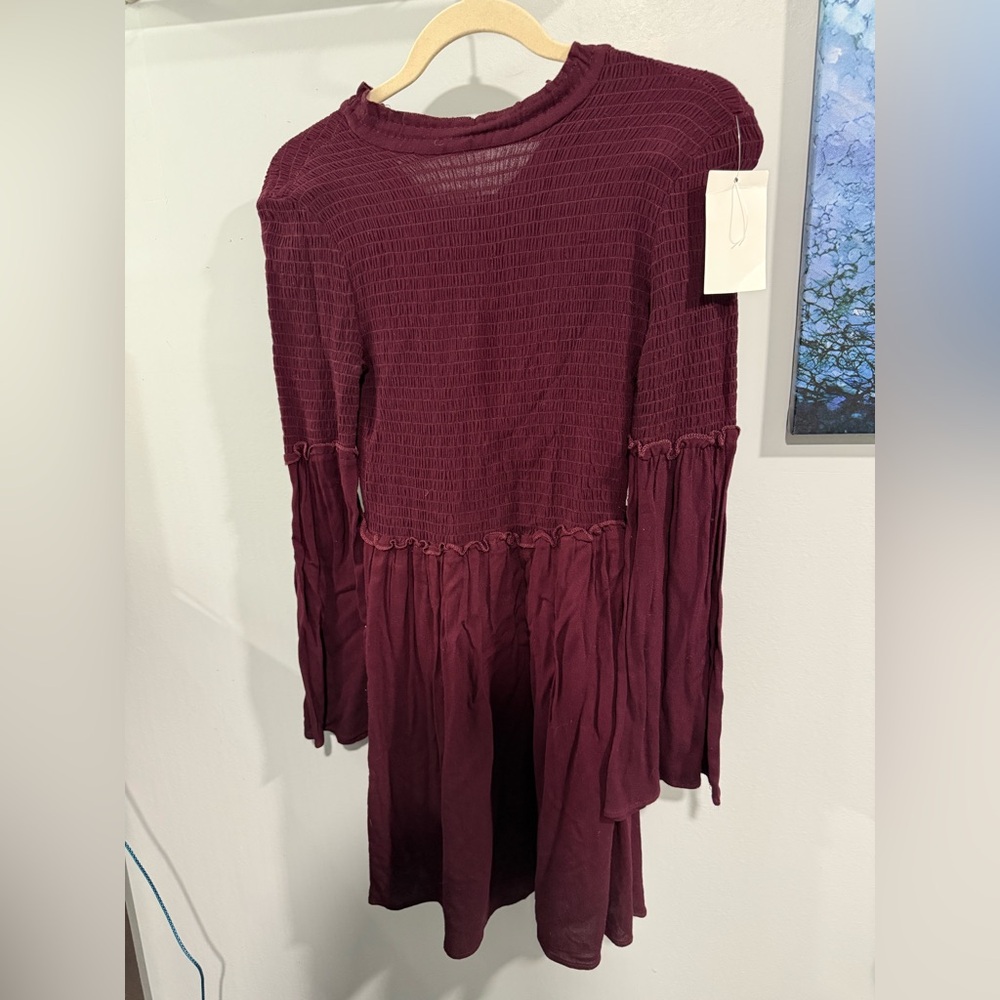 Clover +Scout cranberry bell sleeved high necked dress woman's size S